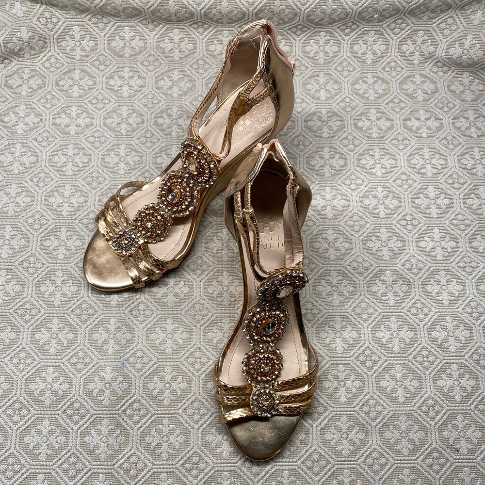 Pre-owned Vince Camuto Jeweled Gold Wedge Heels